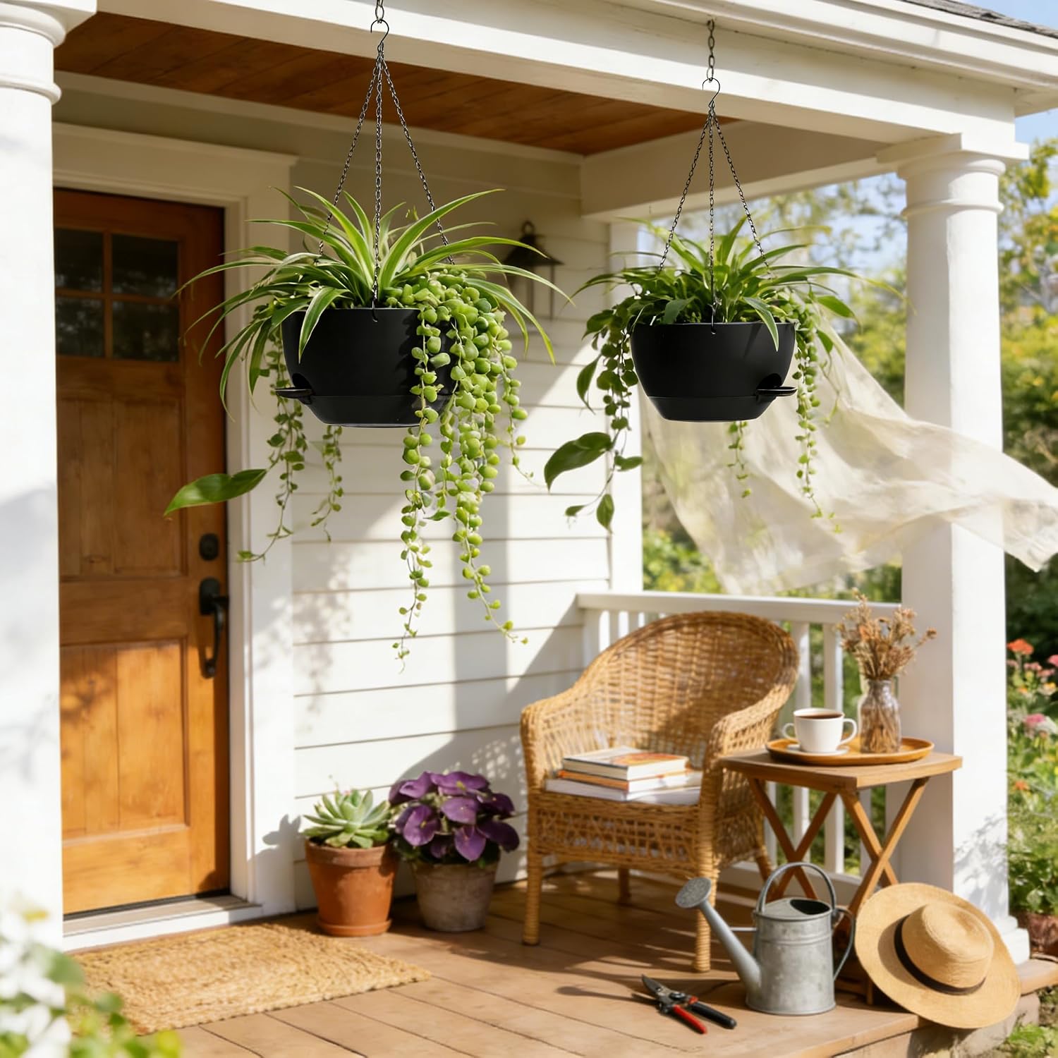 Uouz 13 Inch 2 Pack Large Self Watering Hanging Planters For Indoor Outdoor Plants, Hanging Plant Pots With Removable 50 Oz Reservoir, Plastic Hanging Basket For Window Porch Garden Balcony, Black