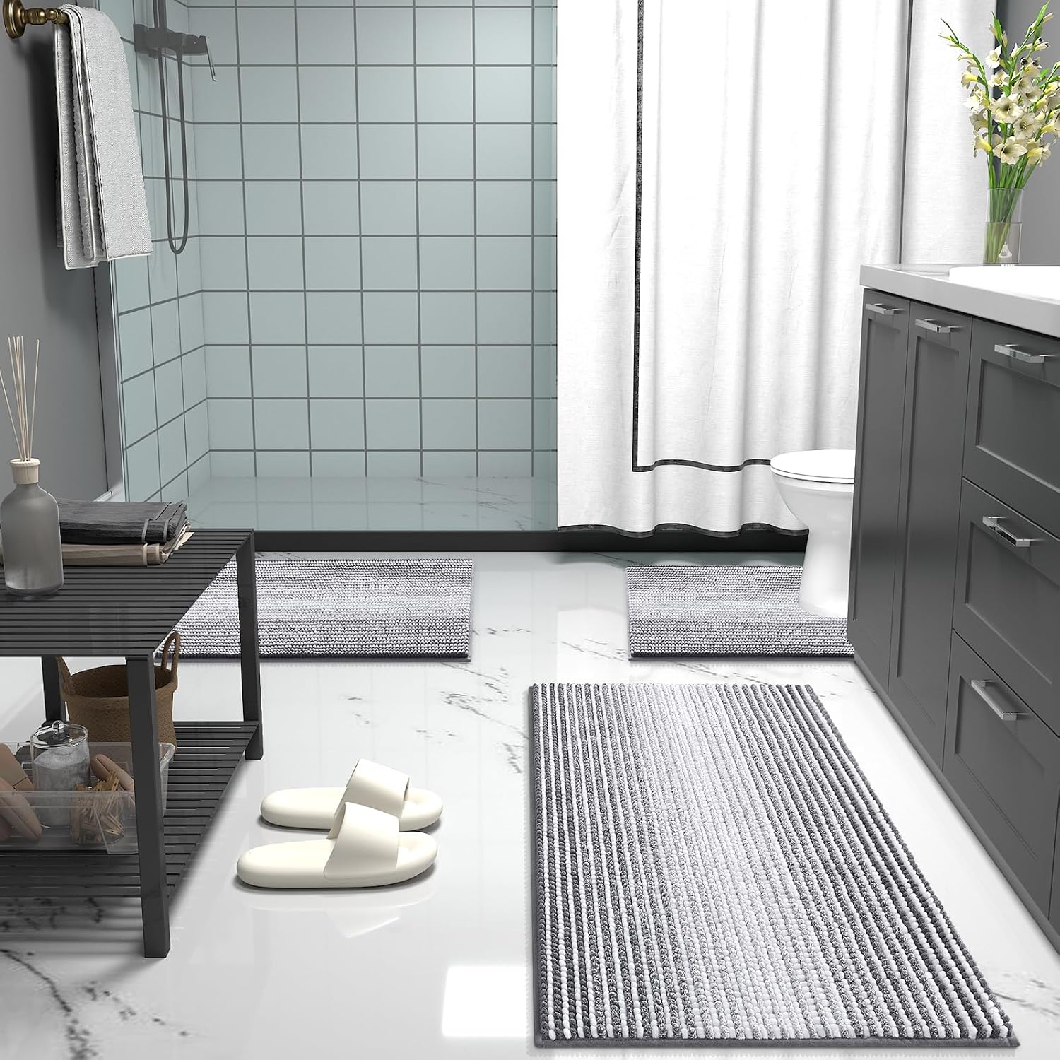 Olanly Bathroom Rugs 30X20, Extra Soft Absorbent Chenille Striped Bath Rugs, Rubber Backing, Machine Wash Dry, Bath Mats For Bathroom Floor, Tub And Shower, Home Decor Accessories, Grey