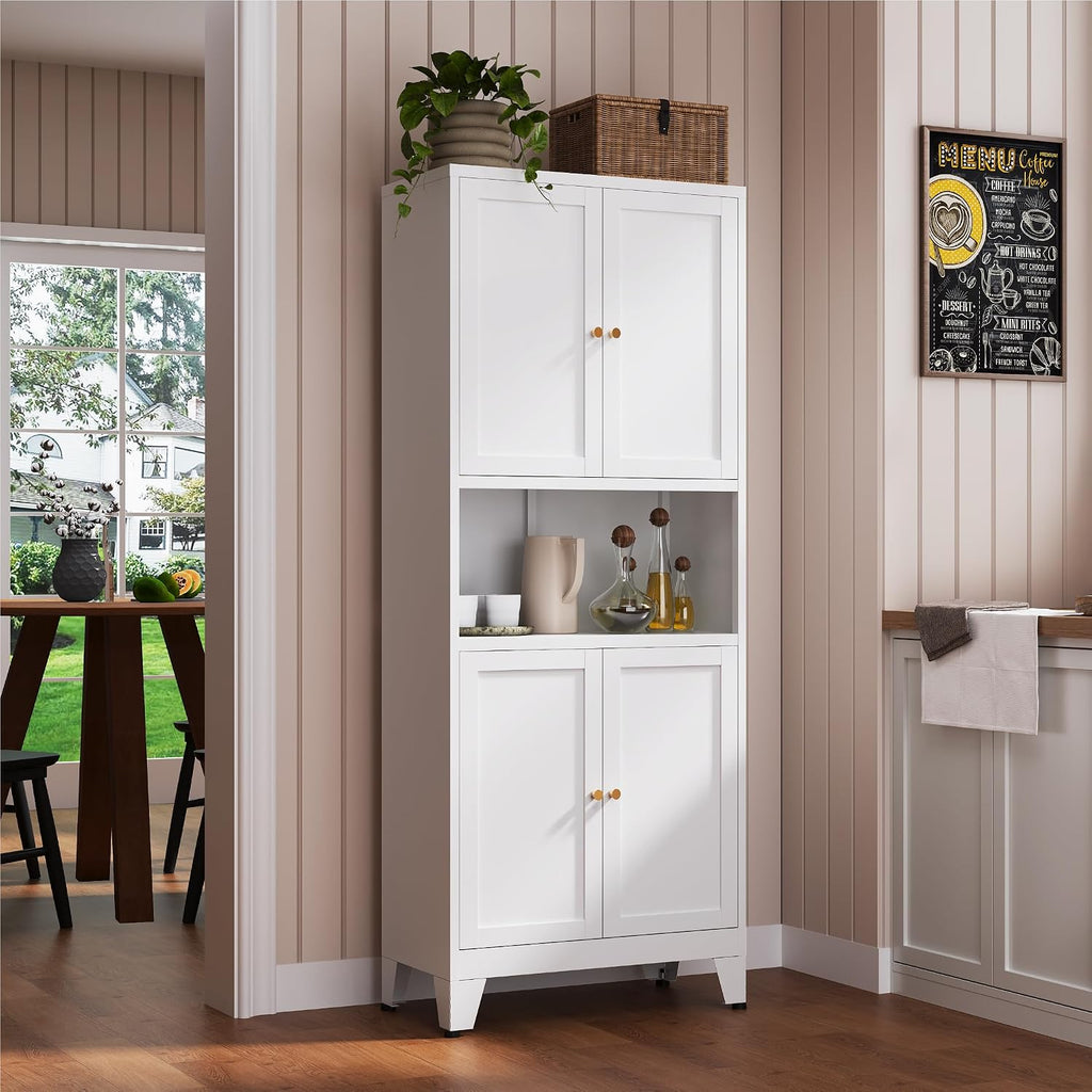 69" Tall Metal Kitchen Pantry Cabinet With Microwave Shelf, 4 Doors & 3 Adjustable Shelves, Heavy Duty Food Storage Cabinet With Anti-Tip Design For Kitchen,Dining Room (1Pc,White)