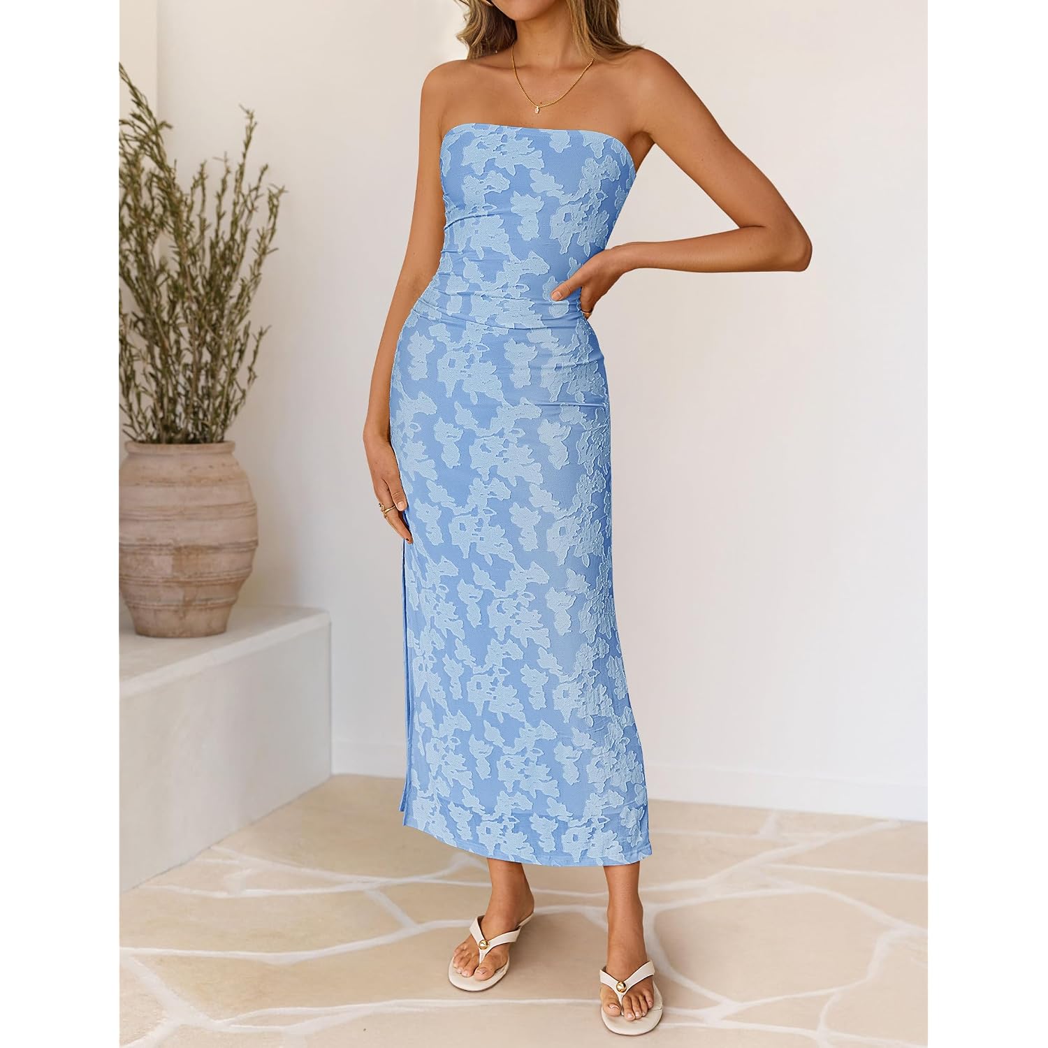 Zesica Womens 2026 Summer Floral Strapless Maxi Dress Bodycon Side Slit Mesh Formal Cocktail Party Wedding Guest Long Dresses