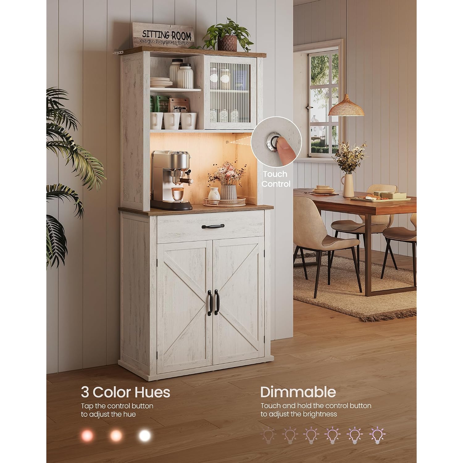 Vasagle Liry Collection - Pantry Cabinet With Lights And Charging Station, Kitchen Storage Cabinet With Doors And Drawer, 15.6 X 31.7 X 71.1 Inches, Farmhouse Style, Rustic White Ubbk363W12V2