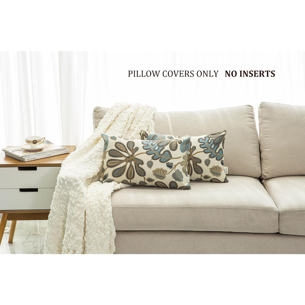 Set Of 2 Jacquard Tropical Leaf Pattern Oblong Throw Pillow Covers Accent Pillowcase 12X20 Inches,Blue Cream