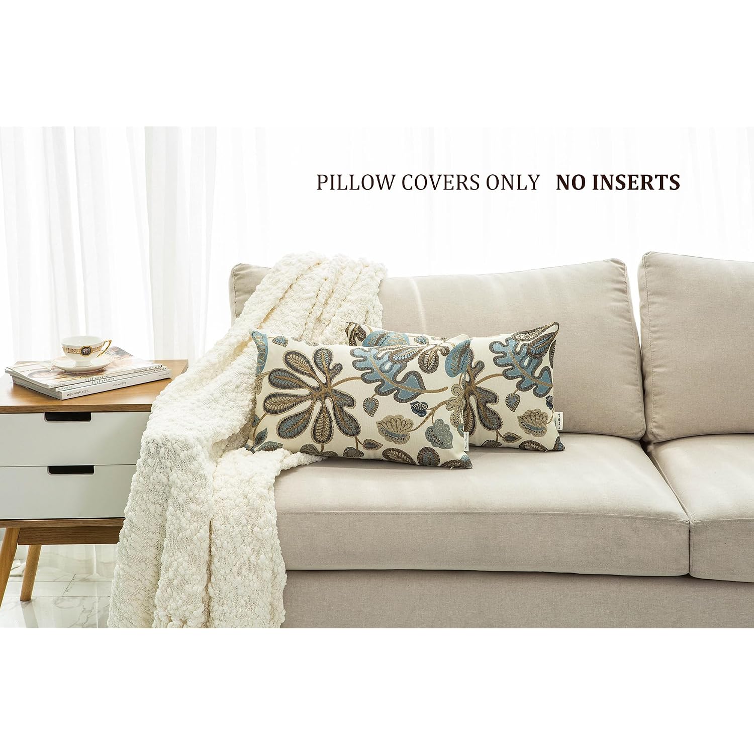 Set Of 2 Jacquard Tropical Leaf Pattern Oblong Throw Pillow Covers Accent Pillowcase 12X20 Inches,Blue Cream