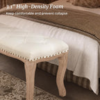 Bedroom Bench, French Vintage Tufted Entryway Bench, 45.2" Carving Upholstered End Of Bed Bench With Distressed Wood Legs, Linen Ottoman Seat For Living Room, Foyer, Dining Room, Beige