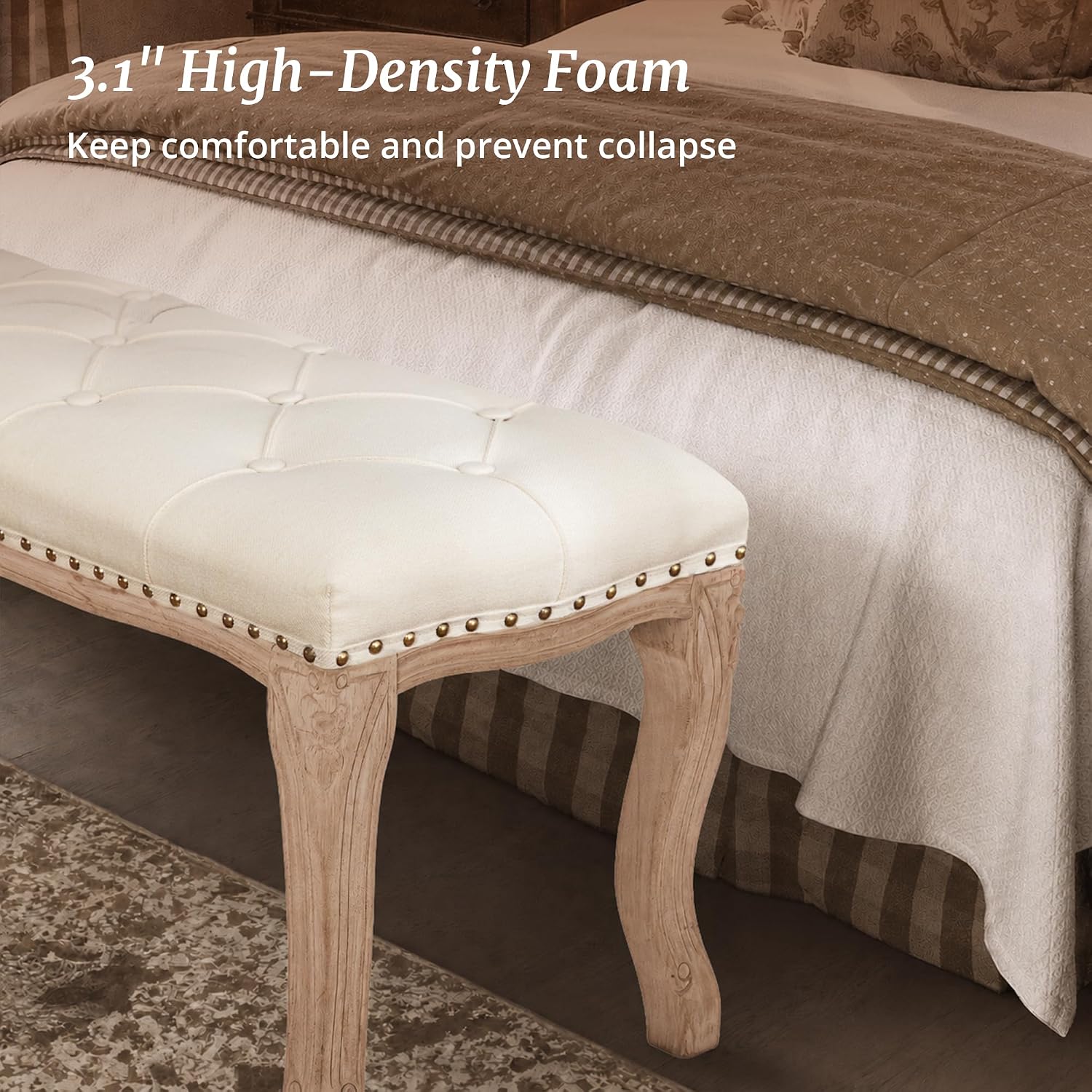 Bedroom Bench, French Vintage Tufted Entryway Bench, 45.2" Carving Upholstered End Of Bed Bench With Distressed Wood Legs, Linen Ottoman Seat For Living Room, Foyer, Dining Room, Beige