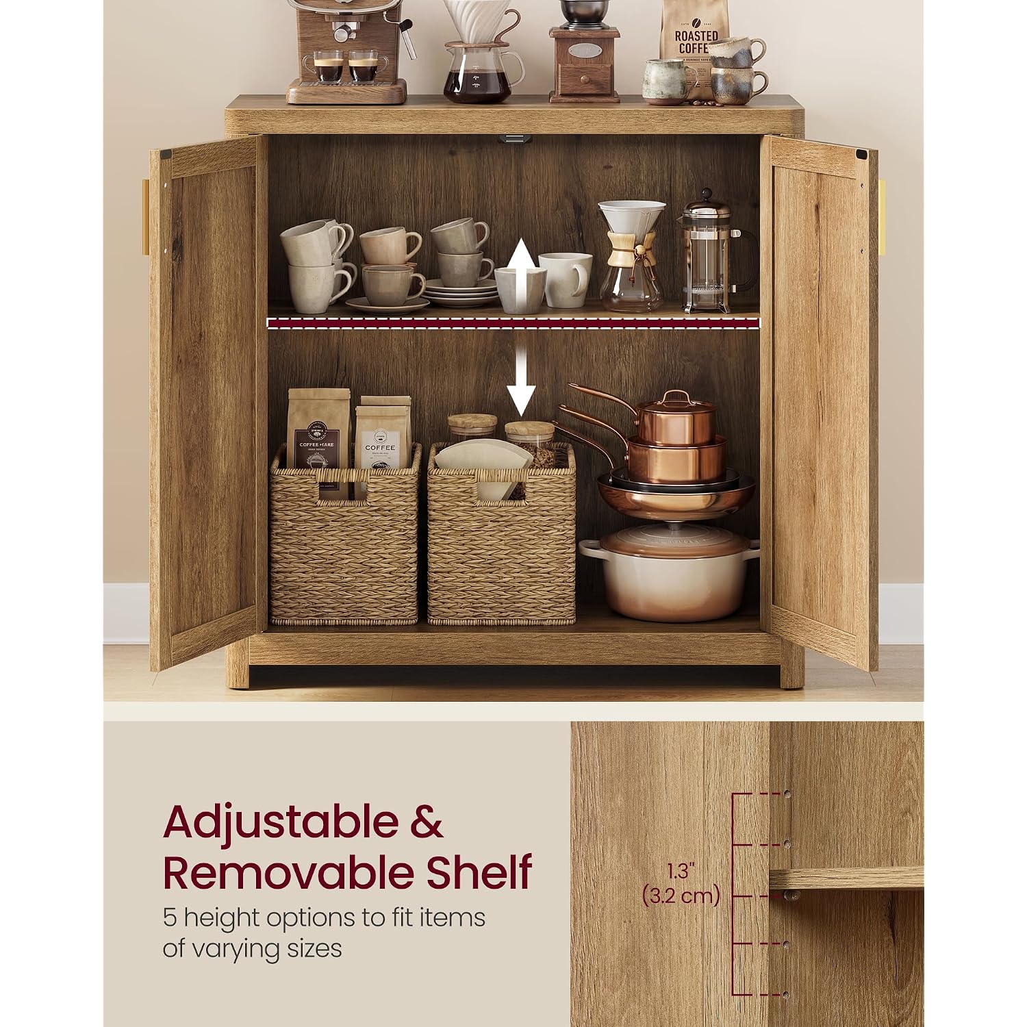 Vasagle Ellan Collection - Boho Buffet Cabinet With Rattan-Look Doors, Sideboard Storage Cabinet, Rounded Corners, Adjustable Shelf, For Kitchen, Natural Brown Ubbk345Kc01