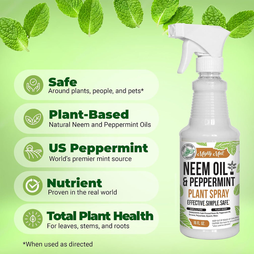 Mighty Mint Neem Oil & Peppermint Plant Nutrient Spray – Natural Leaf Shine For Indoor & Outdoor Use – Plant-Based Formula For Stronger, Healthy Plants - 16 Oz