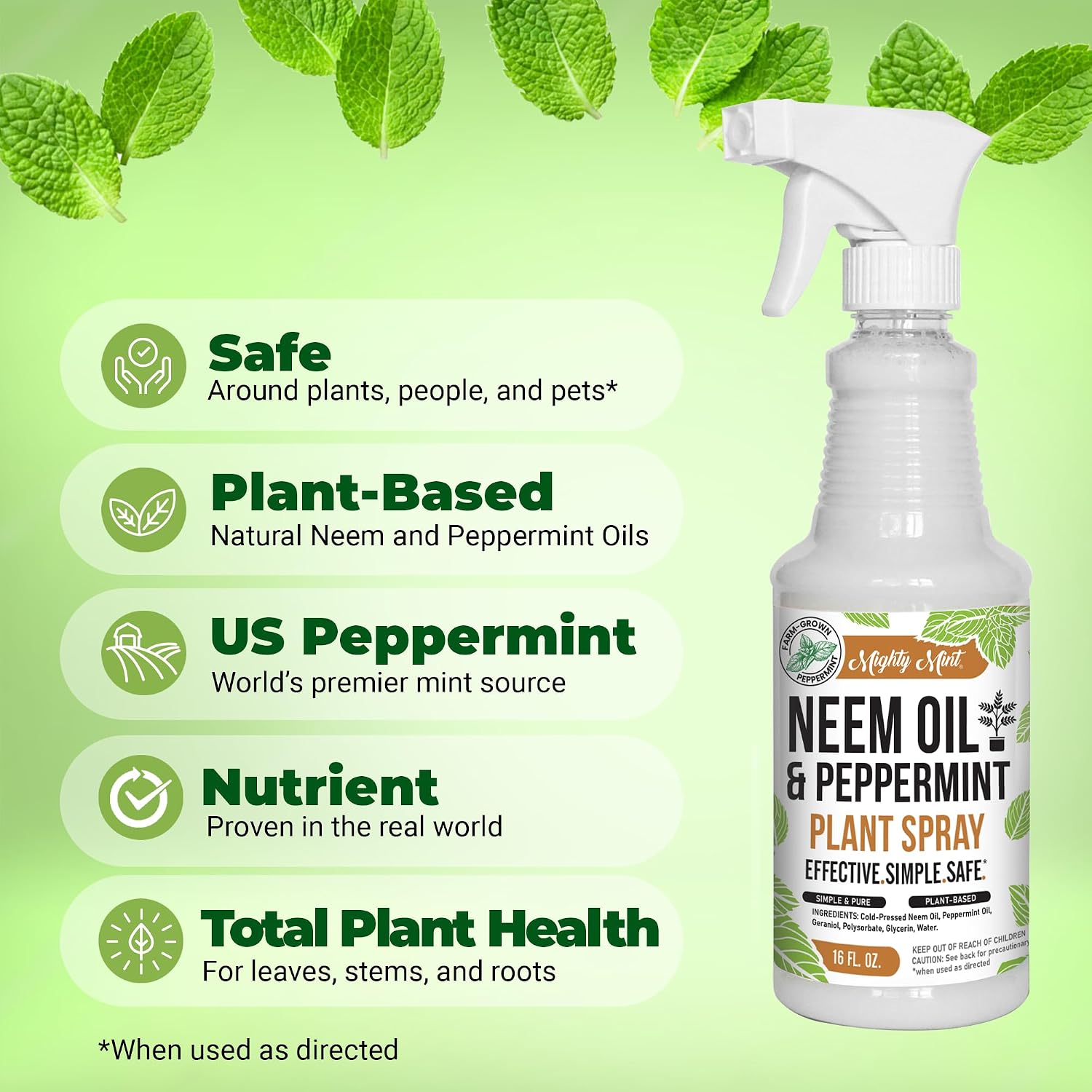 Mighty Mint Neem Oil & Peppermint Plant Nutrient Spray – Natural Leaf Shine For Indoor & Outdoor Use – Plant-Based Formula For Stronger, Healthy Plants - 16 Oz