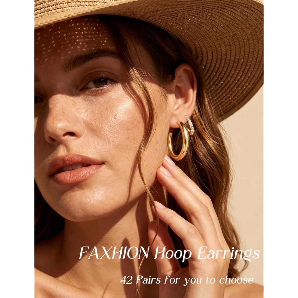 42 Pairs Gold Hoop Earrings Set for Women, Hypoallergenic Multipack Small to Chunky Hoops, Pearl & Twisted Trendy Earrings for Everyday Wear & Mothers Day Gifts