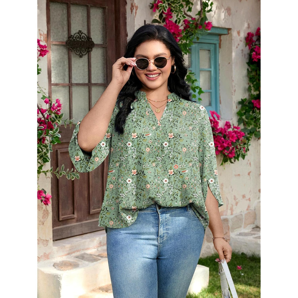 Womens Summer 3/4 Length Sleeve Tunic Tops Plus Size V-Neck Blouses for Women Dressy Casual
