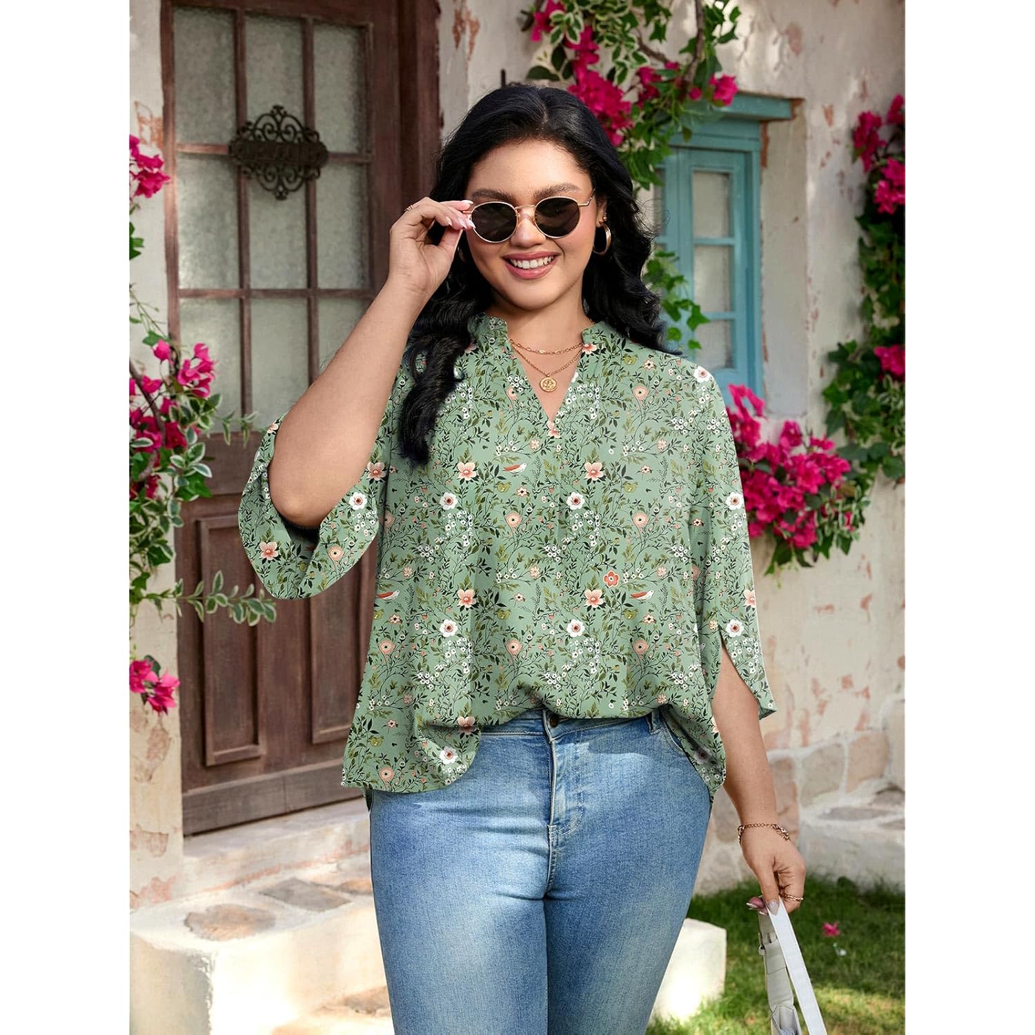 Womens Summer 3/4 Length Sleeve Tunic Tops Plus Size V-Neck Blouses for Women Dressy Casual