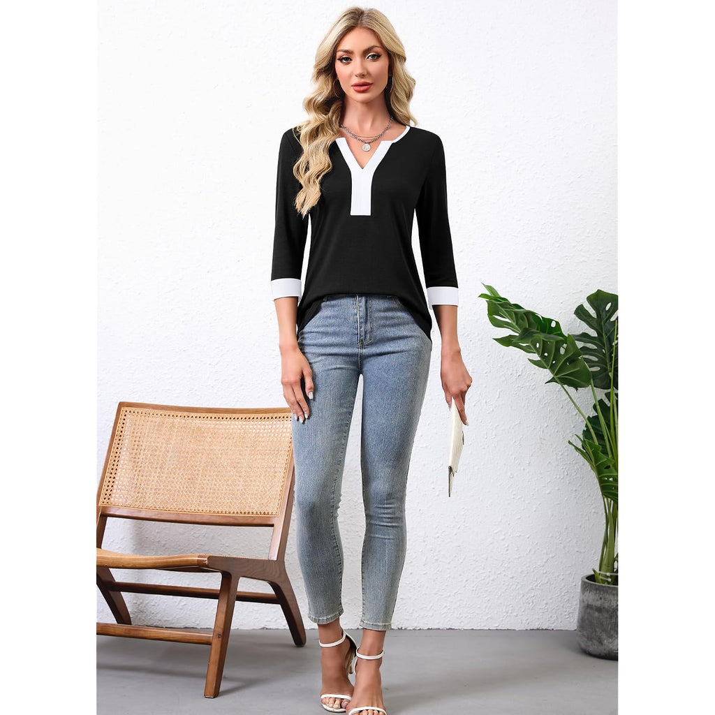 3/4 Length Sleeve Womens Tops Dressy Casual Blouses for Women V Neck Trendy T Shirts Dress Shirts Work Tops