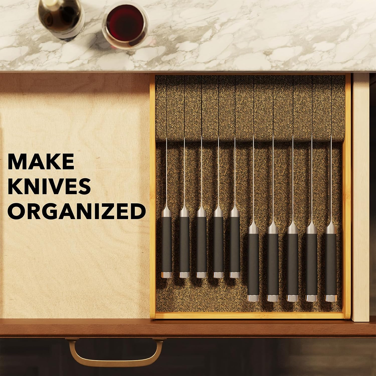 Spaceaid Large Knife Drawer Organizer Bamboo Insert Dock, Kitchen Steak Knives Holder Organizers Block For Drawer In Storage Organization (Large)