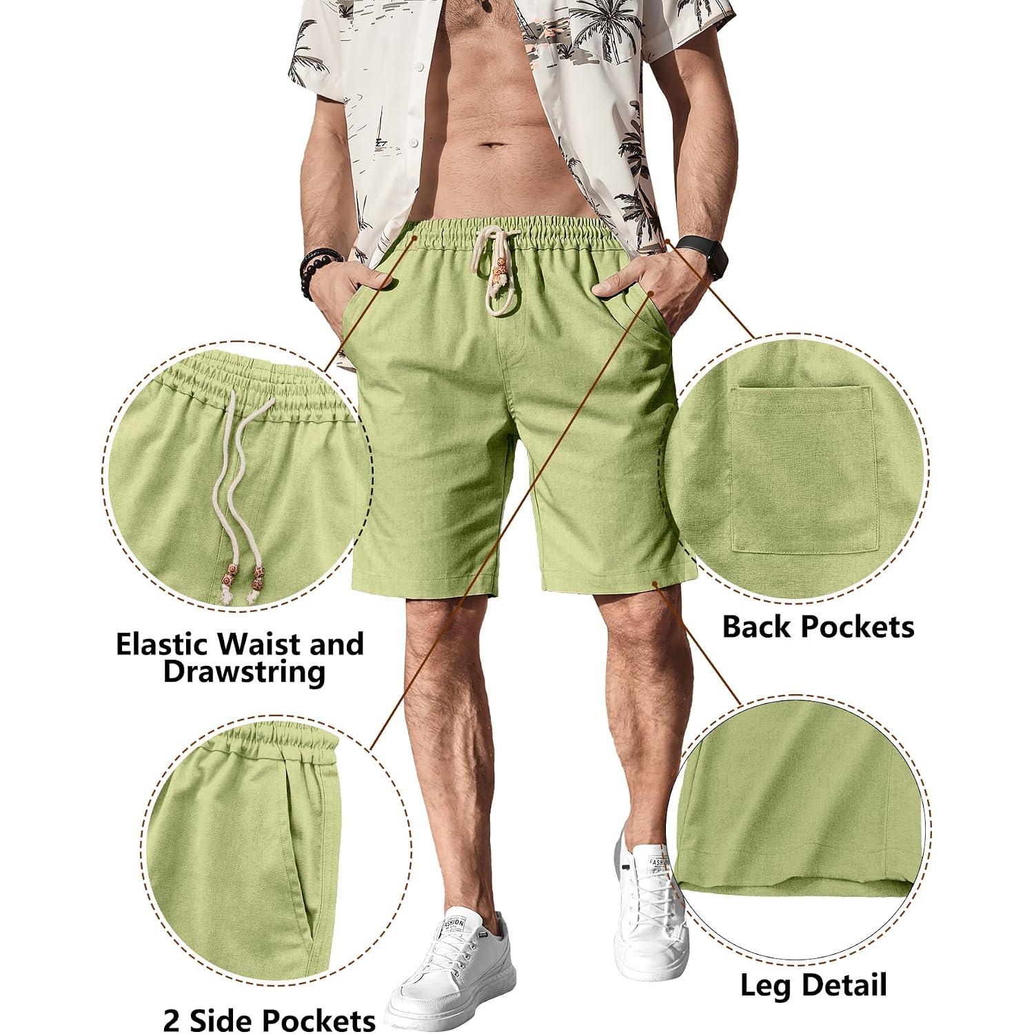 Comdecevis Men'S Linen Shorts Casual Elastic Waist Drawstring Summer Beach Vacation Yoga Golf Shorts With Pockets
