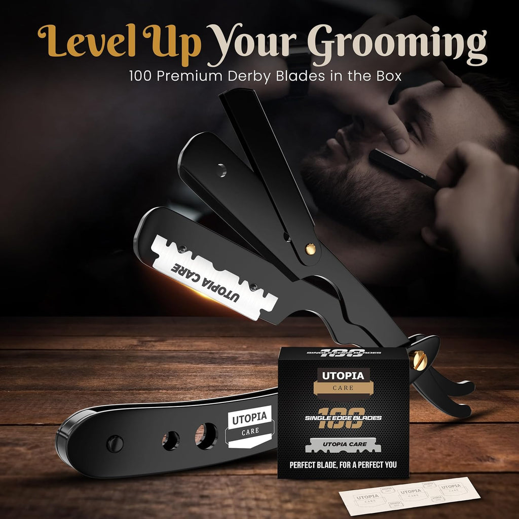 Utopia Care Professional Straight Razor for Men, Barber Straight Edge Razor Safety with 100 Pack Blades, Black