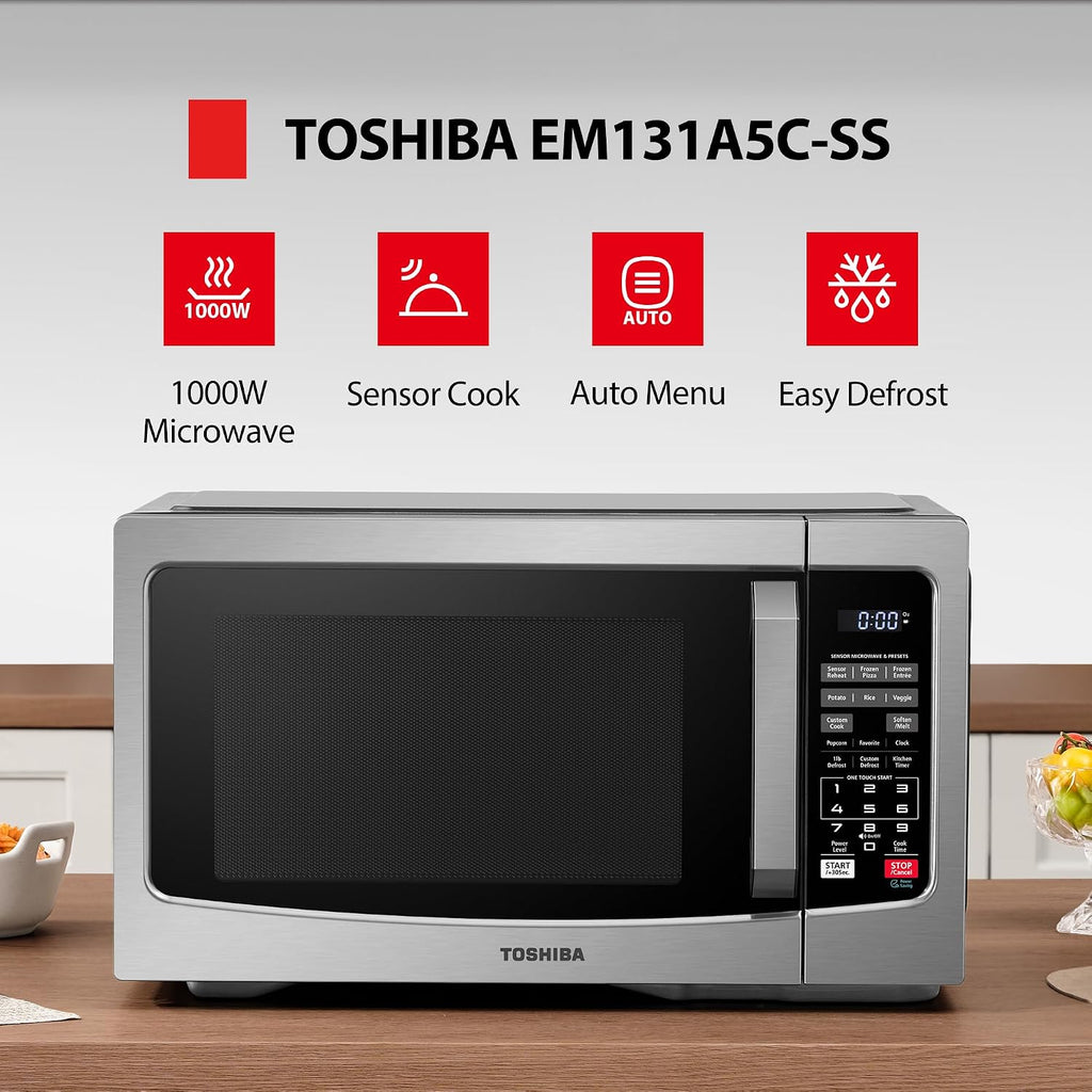 Toshiba Em131A5C-Ss Countertop Microwave Ovens 1.2 Cu Ft With 12.4" Removable Turntable Smart Humidity Sensor, 12 Auto Menus Mute Function Eco Mode Easy Clean Interior, 1000W, Silver