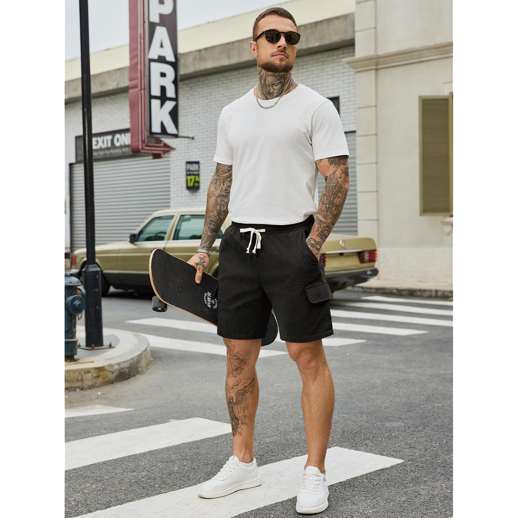 Plepan Men'S Corduroy Cargo Shorts 7" Relaxed Fit 5 Pockets Casual Shorts With Drawstring Elastic Waist & Side Velcro Pockets