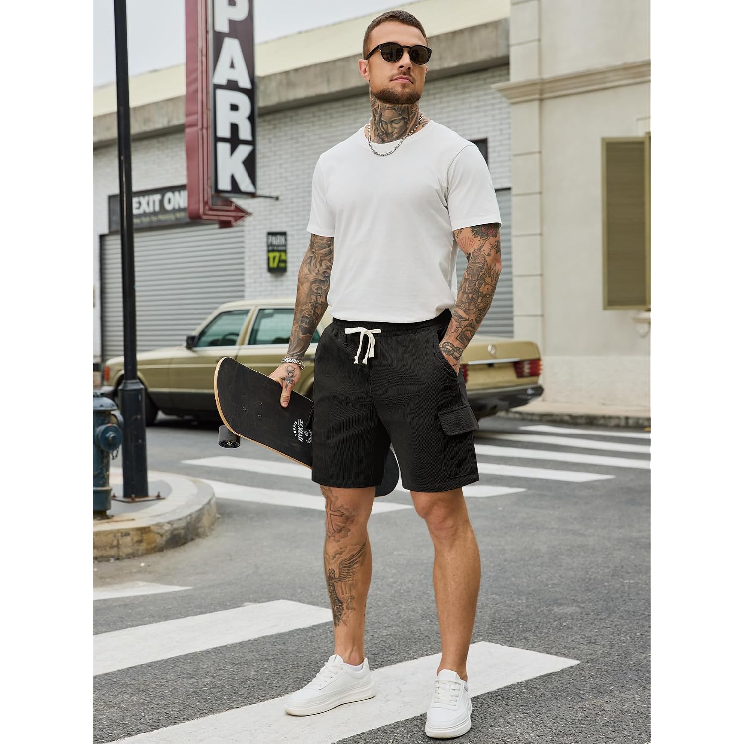 Plepan Men'S Corduroy Cargo Shorts 7" Relaxed Fit 5 Pockets Casual Shorts With Drawstring Elastic Waist & Side Velcro Pockets