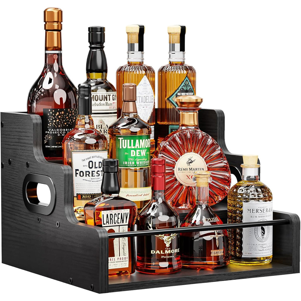 Klm Liquor Bottle Display Shelf, Coffee Syrup Rack Organizer, 3 Step Countertop Liquor Wine Rack, Mini Bar,Liquor Cabinet, Home Retro Bar Shelf Stand For Liquor Whiskey, Spirits（Black）