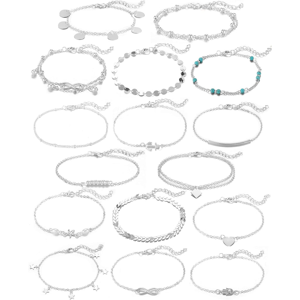 Softones 16Pcs Ankle Bracelets for Women Gold Silver Two Style Chain Beach Anklet Bracelet Jewelry Anklet Set,Adjustable Size