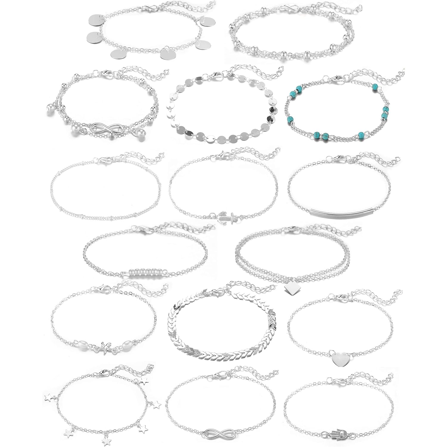 Softones 16Pcs Ankle Bracelets for Women Gold Silver Two Style Chain Beach Anklet Bracelet Jewelry Anklet Set,Adjustable Size