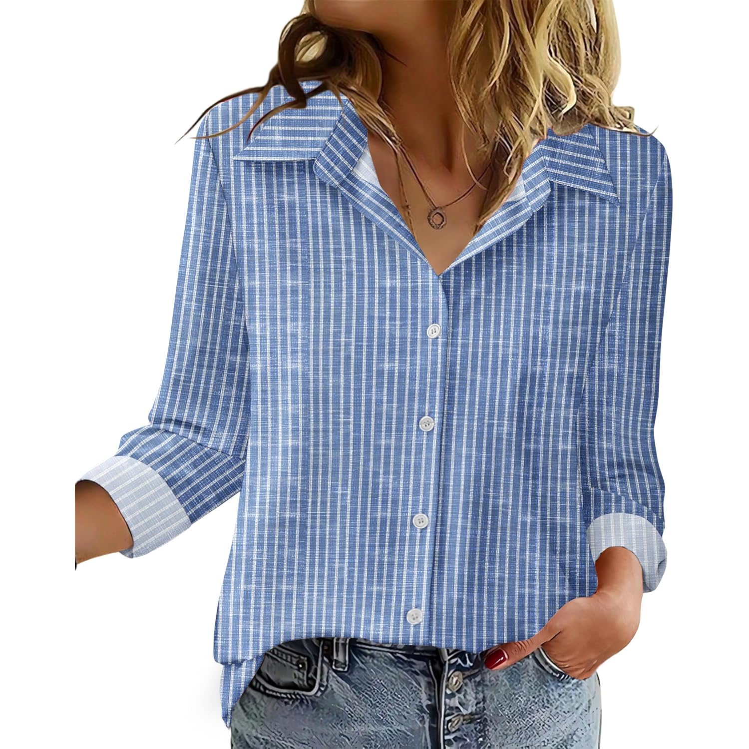 Blouse for Women Dressy Long Sleeve Button Down Shirts Business Casual Outfit Lightweight Solid/Printed Tops