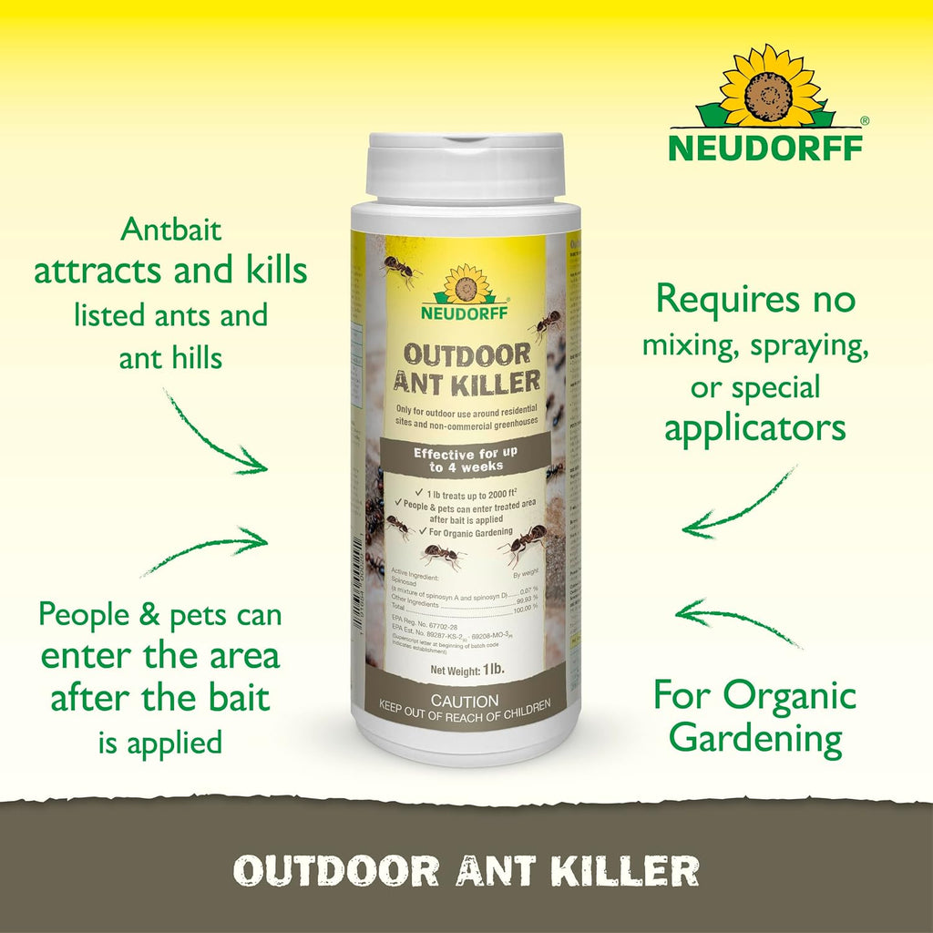 Neudorff Outdoor Ant Killer, Ant Bait Granules 1 Lbs Treats Up To 2,000 Sq. Ft. & Lasts Up To 4 Weeks, Home Perimeter Treatment For Organic Gardening, Insect Bait Attracts And Kills (1 Lb. (Ants))