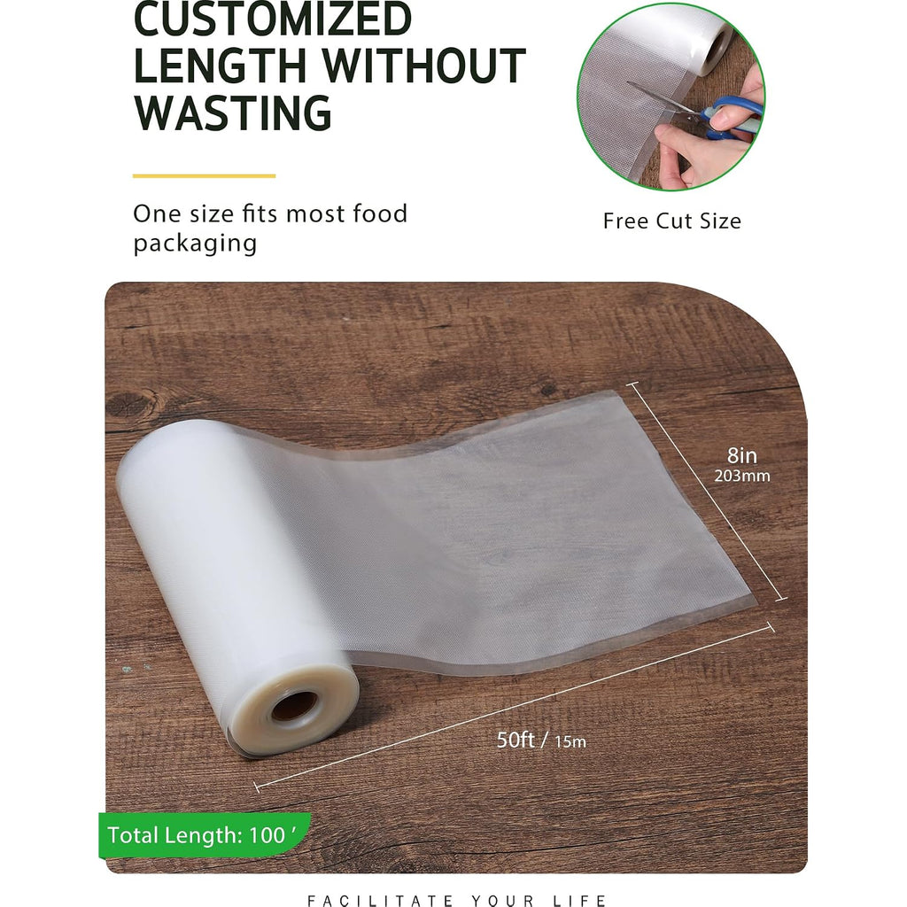 Syntus Vacuum Sealer Bags, 2 Rolls 8" X 50' Commercial Grade Bag Rolls, Bpa Free Food Vac Bags For Storage, Meal Prep Or Sous Vide