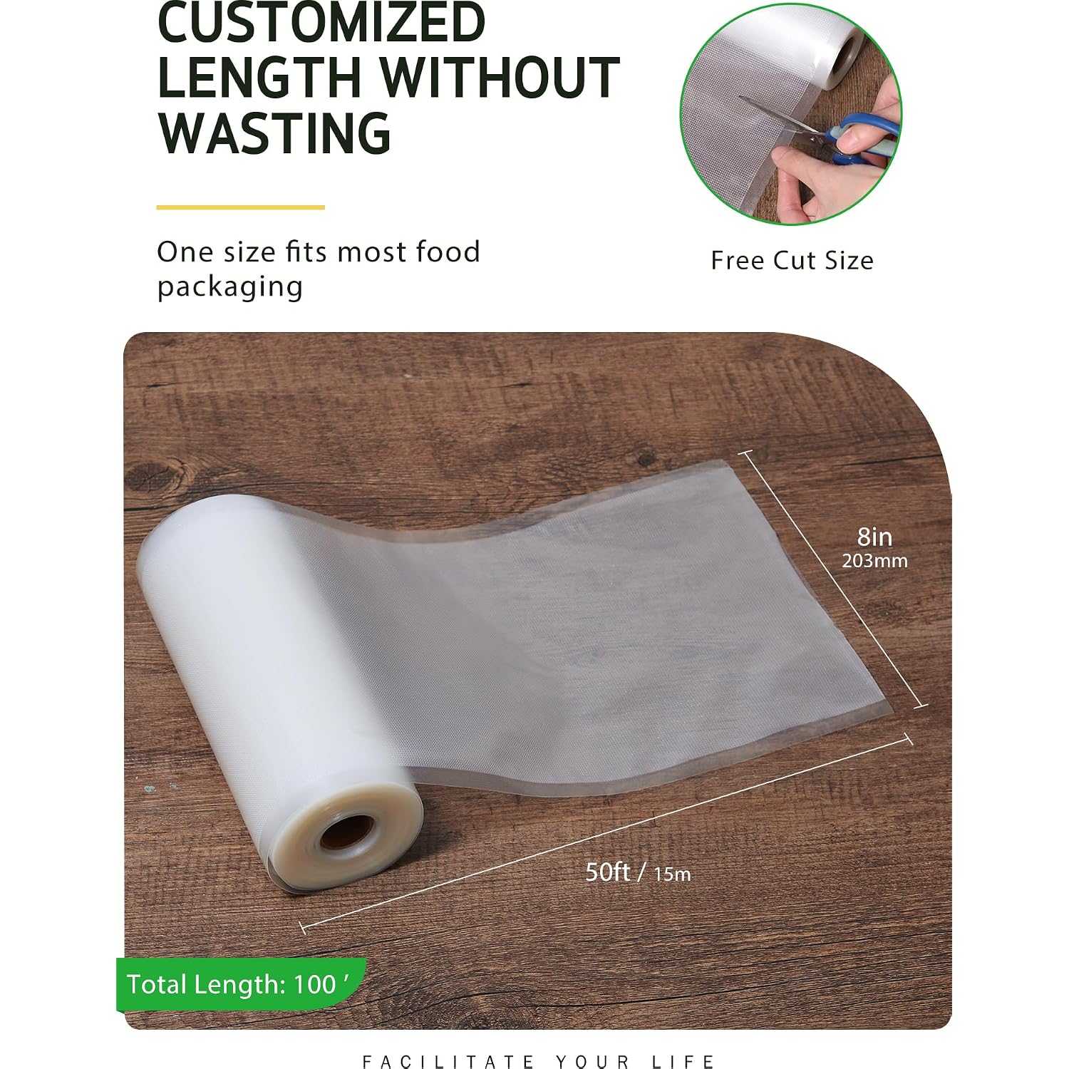 Syntus Vacuum Sealer Bags, 2 Rolls 8" X 50' Commercial Grade Bag Rolls, Bpa Free Food Vac Bags For Storage, Meal Prep Or Sous Vide