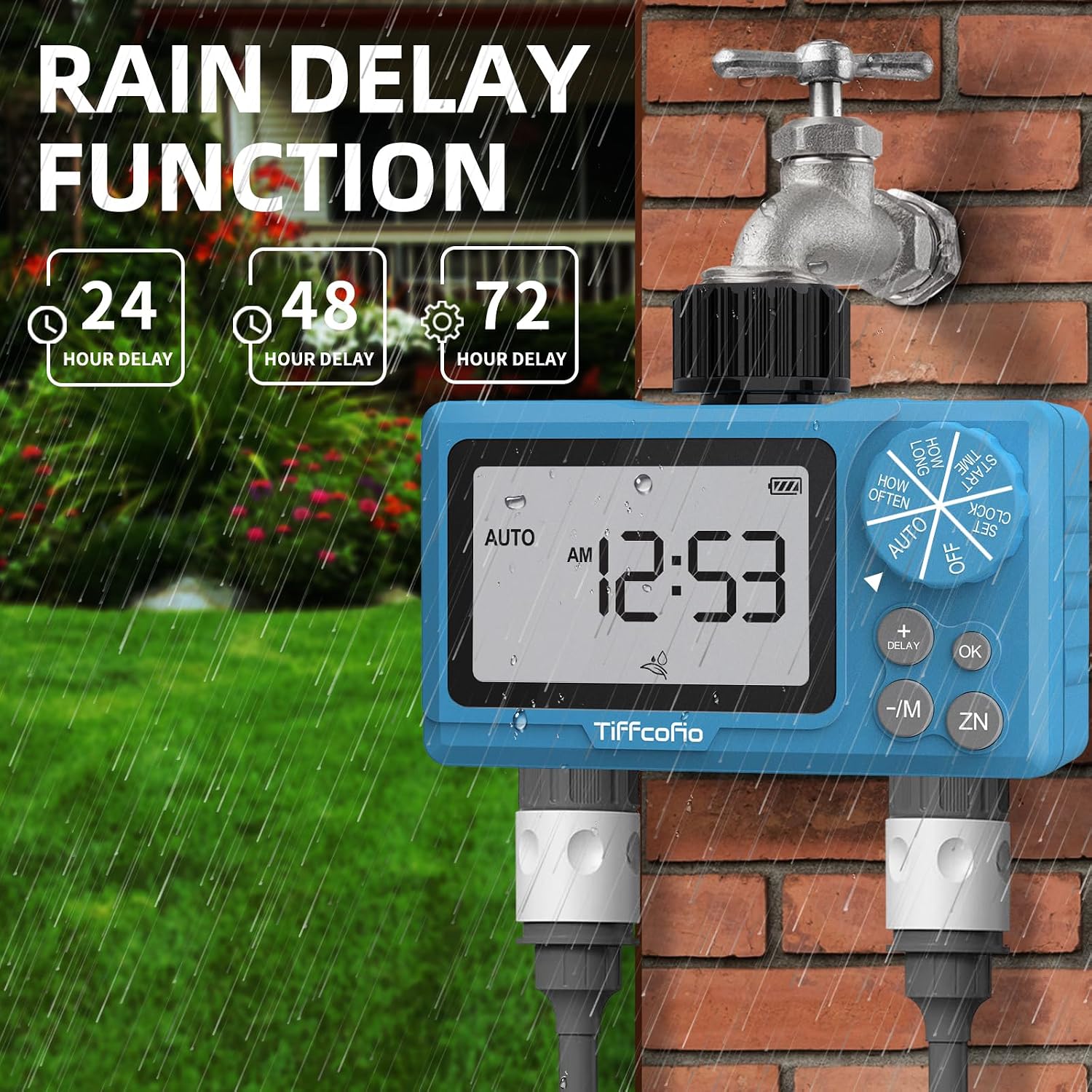 Sprinkler Timer Outdoor, Digital Programmable For Garden Hose, Irrigrtion Timer With Rain Delay And Manual Mode (2 Oulets, 1 Pack)