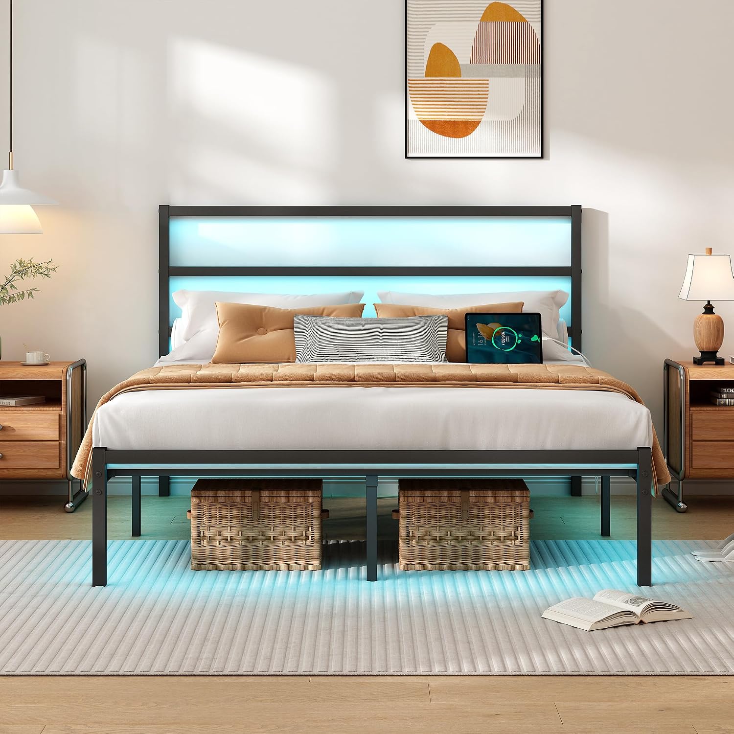 Clibfeng Full Size Bed Frame With Headboard,Heavy Duty Steel Slats Support-Led Bed Frame With Usb Charging Station,Mattress Foundation-Under Bed Storage,No Box Spring Needed,Noise Free，Black
