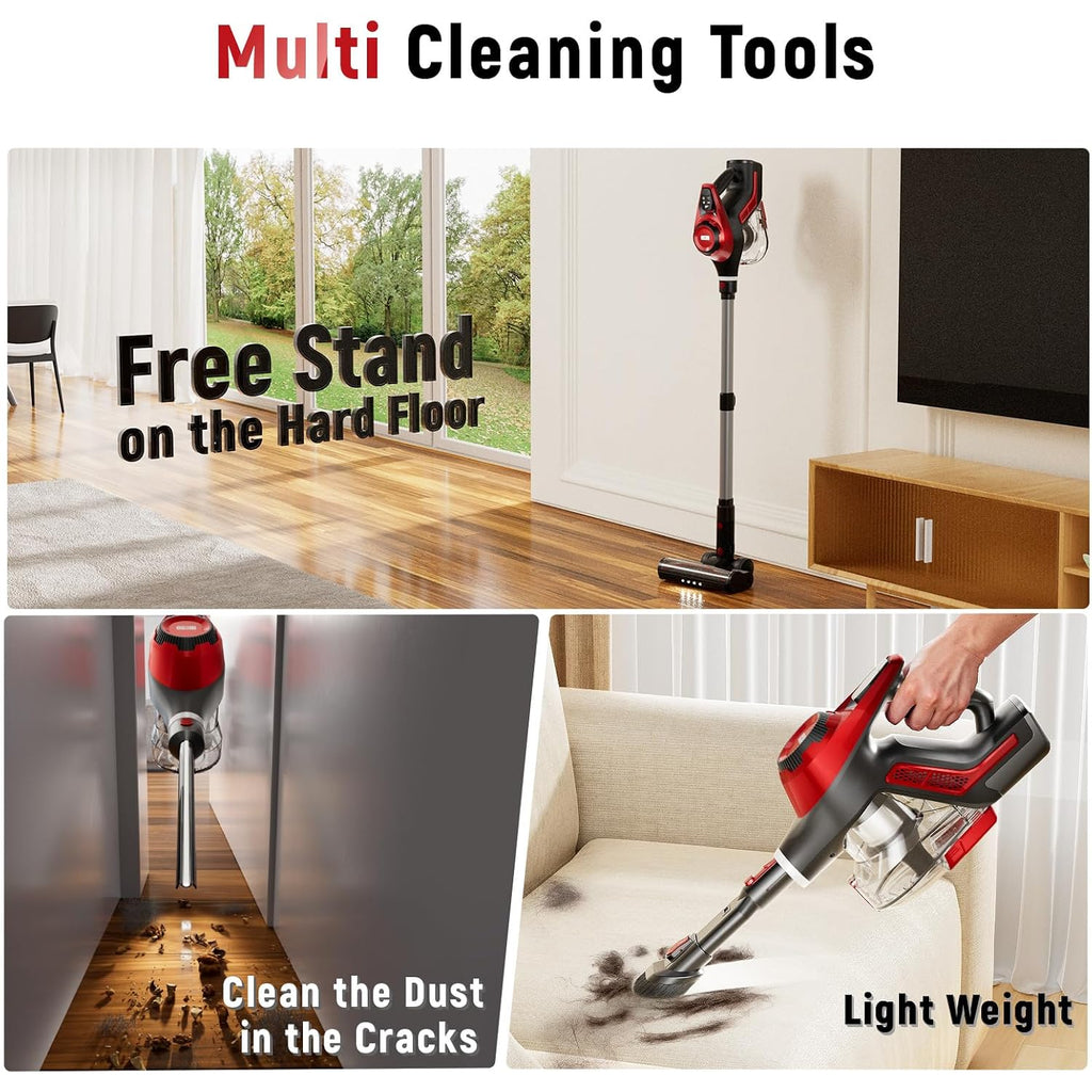 Cordless Vacuum Cleaner For Home, Stick Vacuum 45Kpa, Smart Display & 1.5L Dust Cup, Max 40Mins Runtime, Rechargeable Lightweight Handheld Vavuum For Pet Hair/Carpet/Hardwood Floor/Car (Crimson)