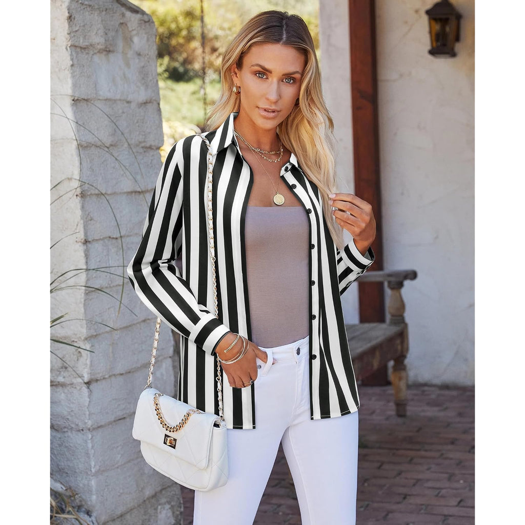 Siliteelon Button Down Shirts For Women Striped Dress Shirts Long Sleeve Casual Collared Office Work Blouses Tops