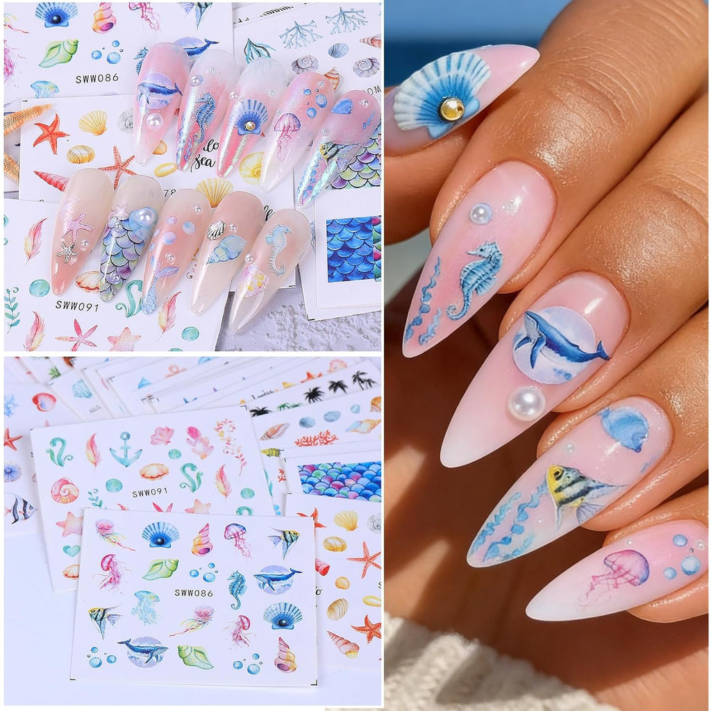 Ocean Nail Stickers Water Decals 24 PCS Marine Life Water Decals for Nails Jellyfish Seashell Turtle Starfish Design DIY Summer Nail Art Decoration Manicure Watermark Supplies for Women