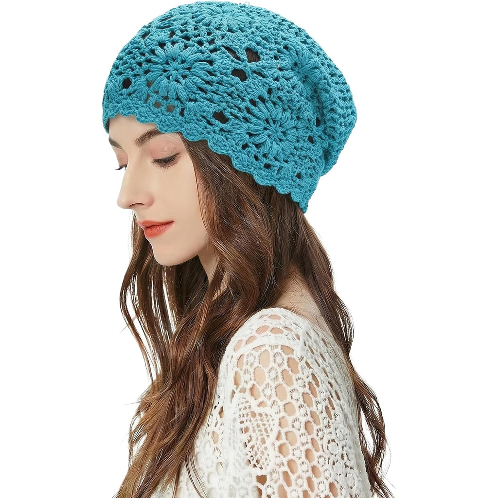 ZLYC Women Cotton Crochet Slouchy Beanie Hat Handmade Knit Summer Skull Cap Solid Peacock Blue