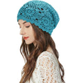 ZLYC Women Cotton Crochet Slouchy Beanie Hat Handmade Knit Summer Skull Cap Solid Peacock Blue