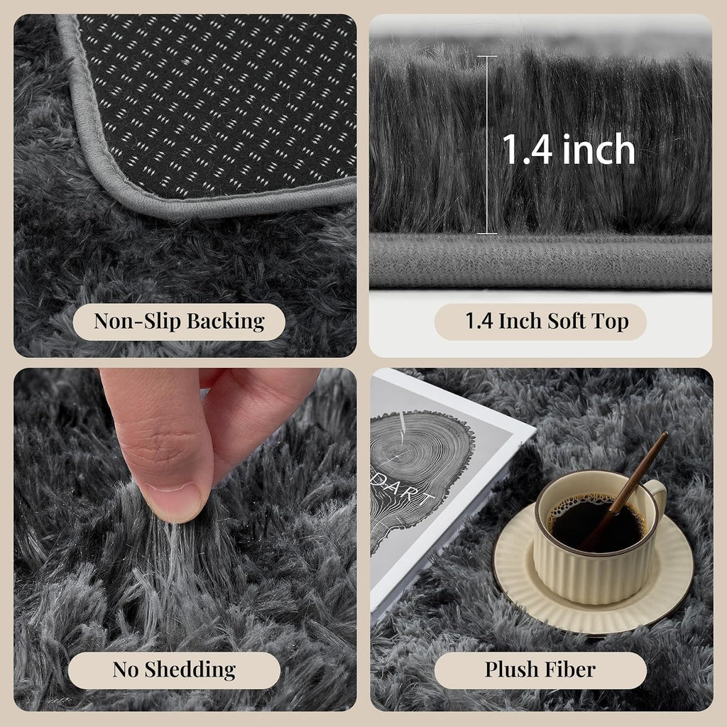 8X10 Area Rugs For Living Room Bedroom: Black Grey Soft Fluffy Shag Upgrade Non-Slip High Pile Carpet Large Fuzzy Plush Indoor Floor Decor Shaggy Rug For Kid Boys Girls Playroom Nursery Modern Home