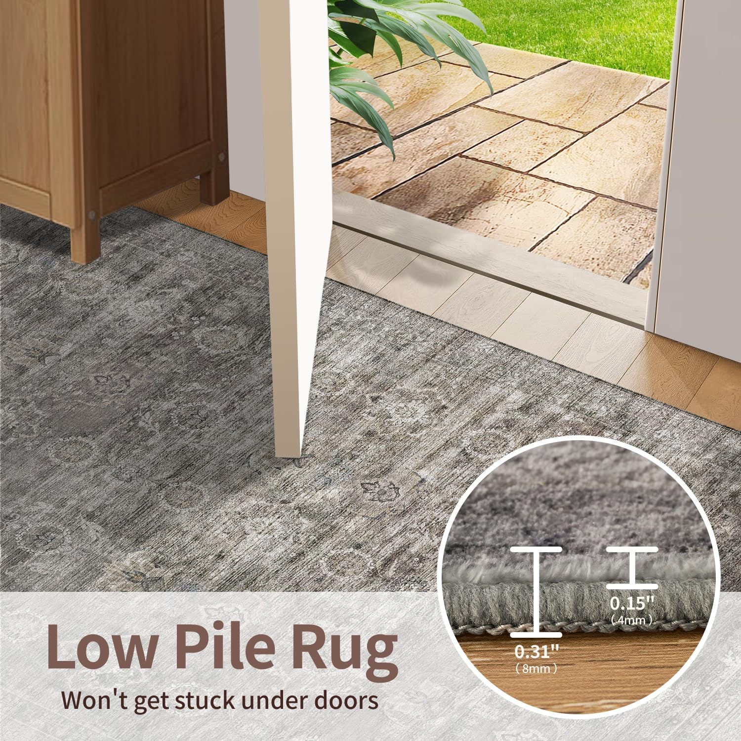 Area Rugs 5X7 For Living Room Bedroom, Grey Washable Rug, Vintage Retro Boho Rug, Non Slip & Low Pile Faux Wool Thin Carpet For Indoor Dining Room, Dorm And Kids Room(Taupe/Grey 5X7Ft)