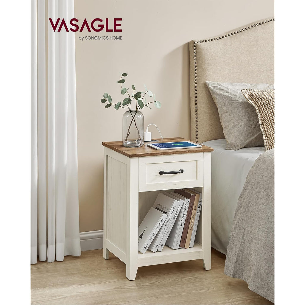 Vasagle Liry Collection - Farmhouse Nightstands With Charging Station, Set Of 2 Bedside Tables, Side Tables With Drawer, Open Compartment, For Bedroom, Rustic White And Honey Brown Ulet859K41