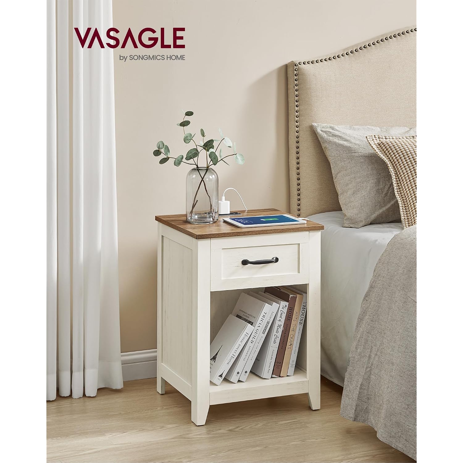 Vasagle Liry Collection - Farmhouse Nightstands With Charging Station, Set Of 2 Bedside Tables, Side Tables With Drawer, Open Compartment, For Bedroom, Rustic White And Honey Brown Ulet859K41