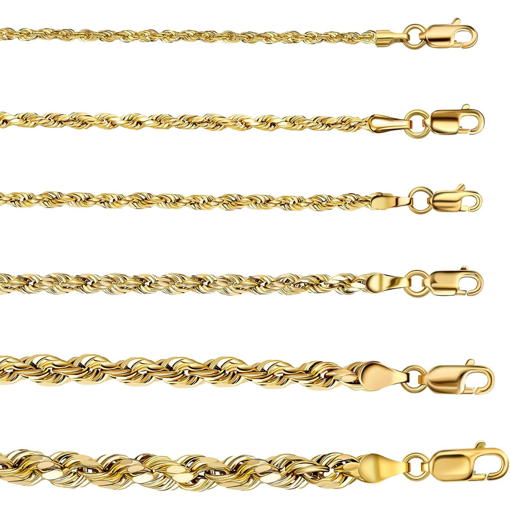 PORI JEWELERS 10K Yellow Gold 1.5MM,2MM,2.5MM,3MM,3.5,4MM,5MM,7MM, Diamond Cut Rope Chain Necklace Unisex Sizes 16"-30"