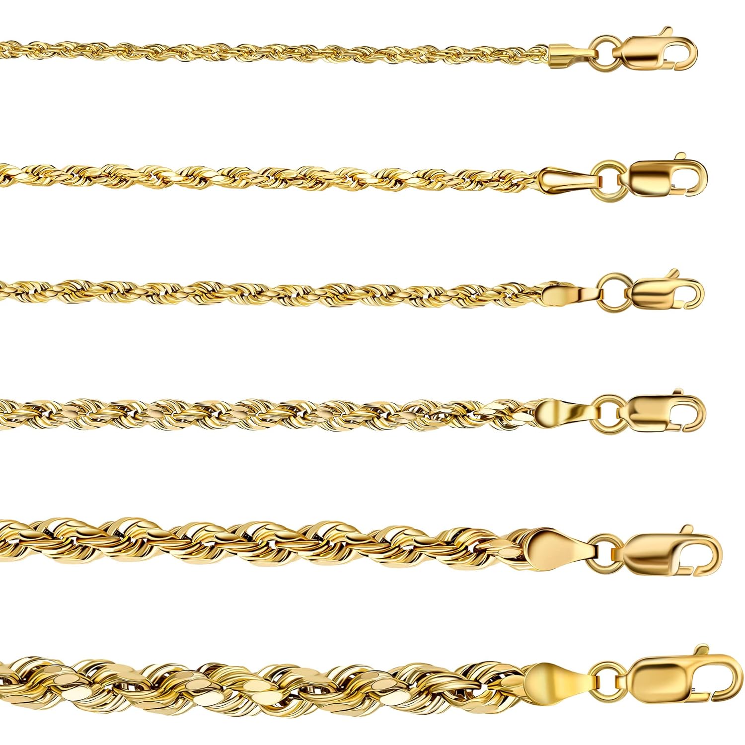 PORI JEWELERS 10K Yellow Gold 1.5MM,2MM,2.5MM,3MM,3.5,4MM,5MM,7MM, Diamond Cut Rope Chain Necklace Unisex Sizes 16"-30"