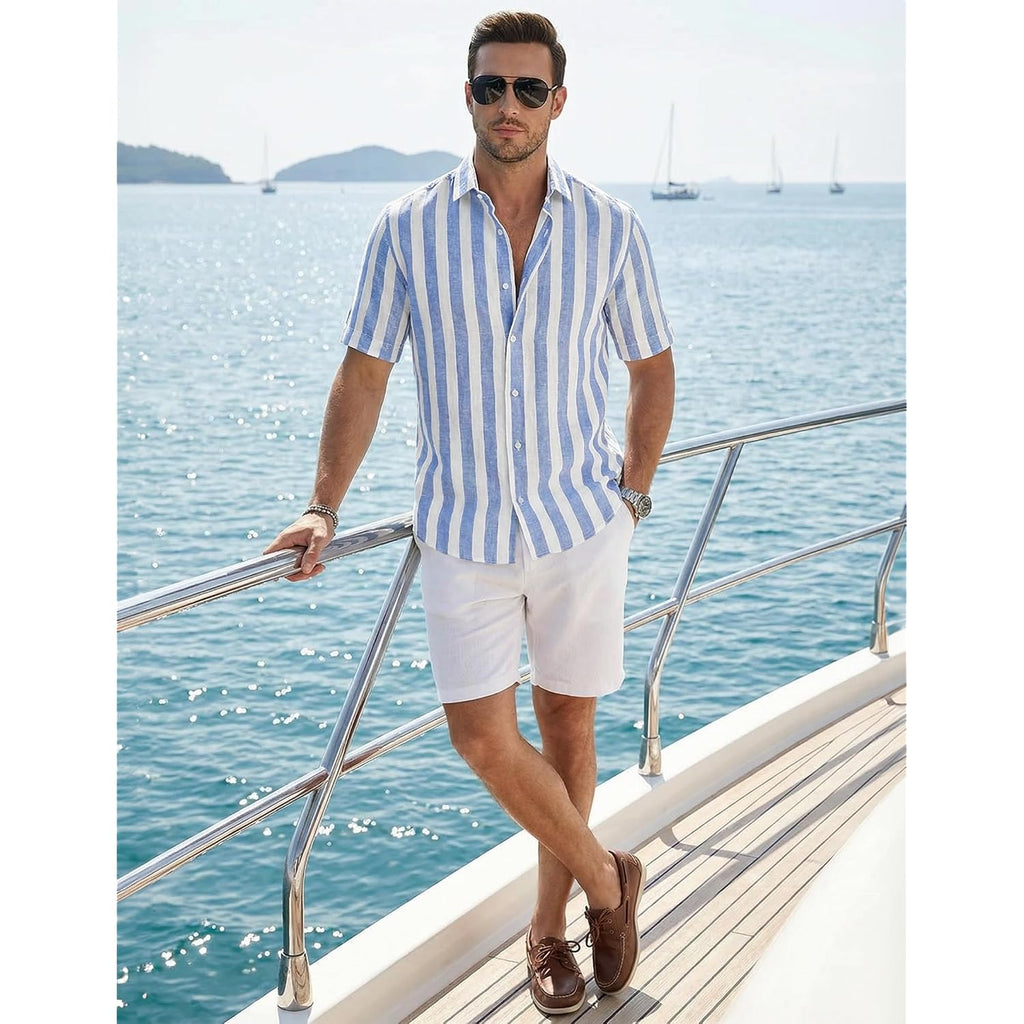 Jmierr Men'S Casual Stylish Short Sleeve Button-Up Striped Dress Shirt Cotton Beach Shirts