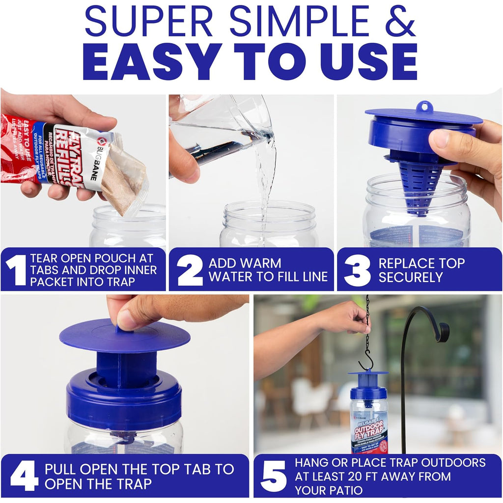 2 Fly Traps Outdoor Fly Trap For Patio With 4 Non-Toxic Dissolvable Bait Refills. Reusable Hanging Bug Catcher Killer For All Filth Flies For Outside Bug Control Yard Ranch. Hanging Chains Included.