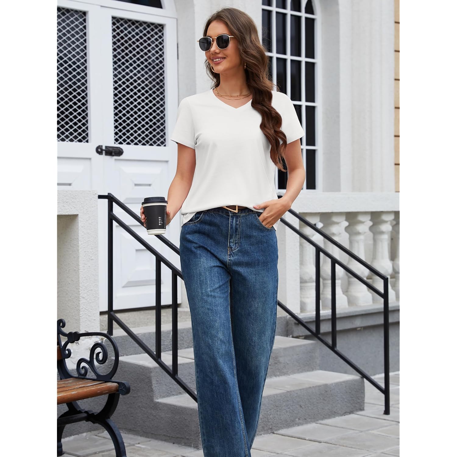 MAGCOMSEN Women's Cotton T Shirt V-Neck Short Sleeve Shirt Classic-Fit Casual Breathable Tee Summer Basic Tops