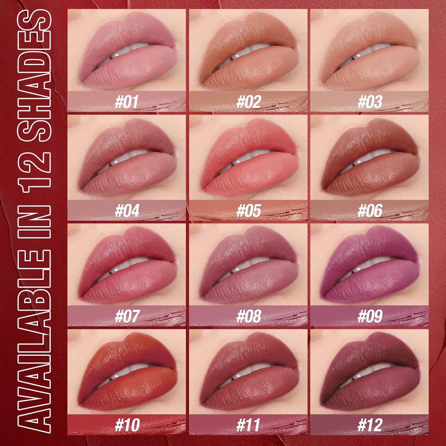 12Pcs Velvet Matte Lipstick Nude Matte Soft Dark Color Stick High Pigmented Long-Lasting Waterproof Lip Stick Lip Balm Beauty Cosmetics Gift for Women(01#-12#)