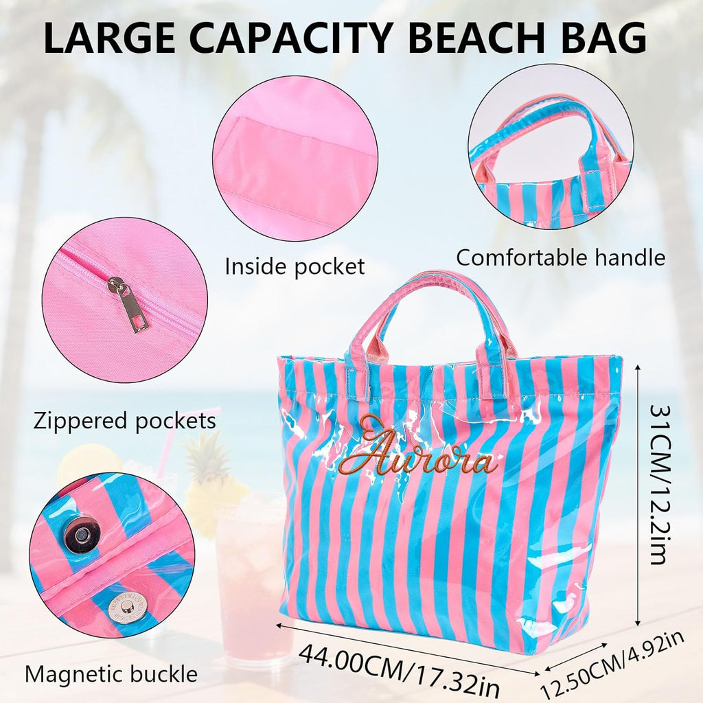 Personalized Beach Tote Bag with Name, Custom Embroidery Waterproof Striped Tote for Women, Large Capacity PVC Handbag for Summer Travel, Lightweight Beach Bag Gift for Mom Bridesmaid Birthday. | Waterproof fabric