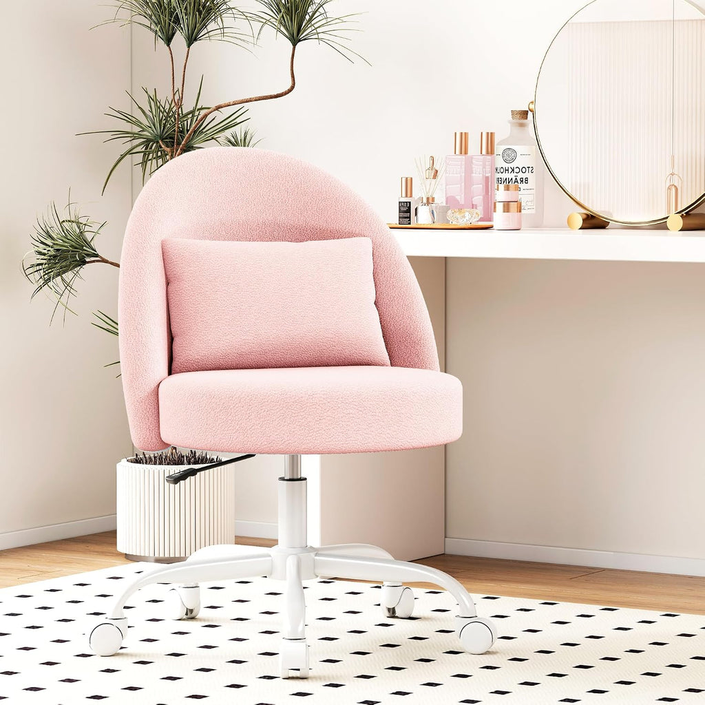 Misolant Vanity Chair With Back, Armless Cute Office Chair With Wheels For Girls, Teddy Fleece Fabric Small Desk Chairs With Adjustable Height, Lumbar Support Pillow, 360°Swivel For Makeup Room, Pink