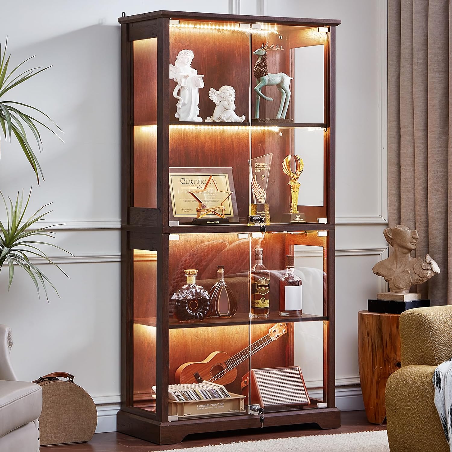 Farmhouse Glass Display Cabinet With Lock, Walnut | Wooden Curio Cabinets With Glass Doors, 3-Color Motion-Sensor Light & Reinforced Base