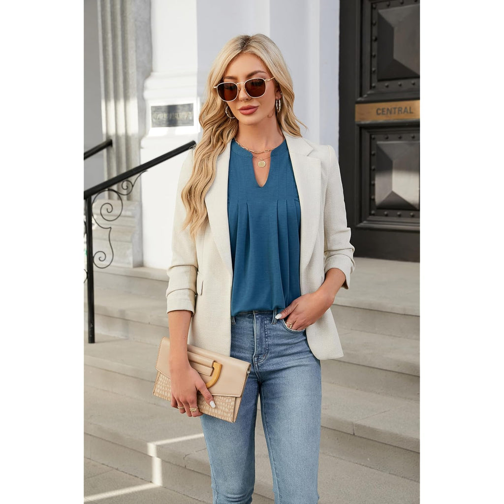 Women's Tunic Tops Summer Dressy Casual Blouses Business Outfits Plus Size Cap Sleeve Pleated Shirts